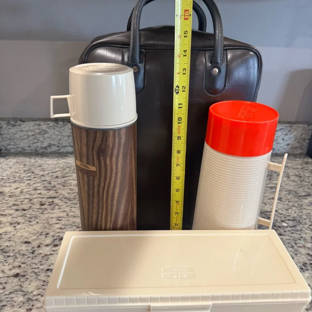 Vintage 70s Thermos & Aladdin Lunch‎ Set – Faux Leather Tote + 2 Bottles + Box